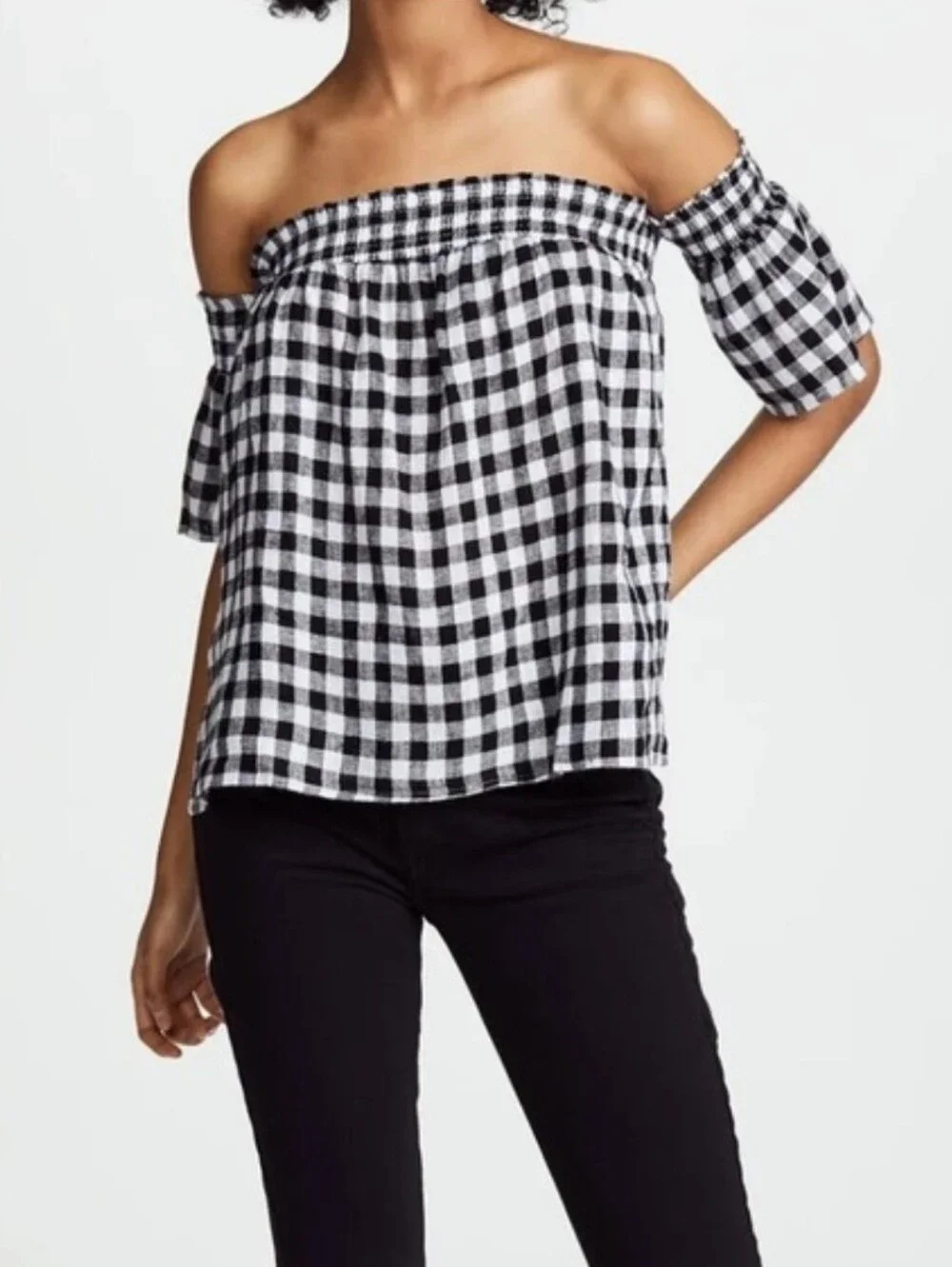 Rails Isabelle Gingham Off The Shoulder Top Black Women's Size M NEW Preppy